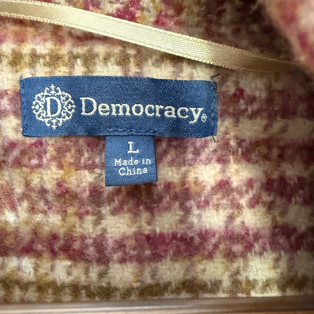 Democracy Womens Large Raspberry Multi Plaid Tubular Fringe Coat Attached Scarf - Picture 2 of 15